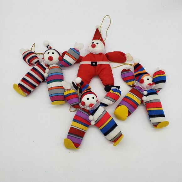 Vintage Cotton Stuffed‎ Santa Christmas Ornament with 3 Elf Clown Ornaments - Picture 1 of 7